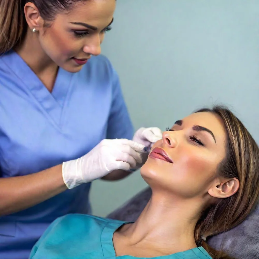 Client receiving a facial assessment before injectable treatment in a calm studio setting
